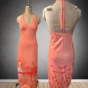 1970 Orange Halter Maxi Dress with Beach Print